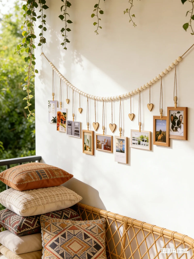Varal de Fotos Boho com Corações de Madeira