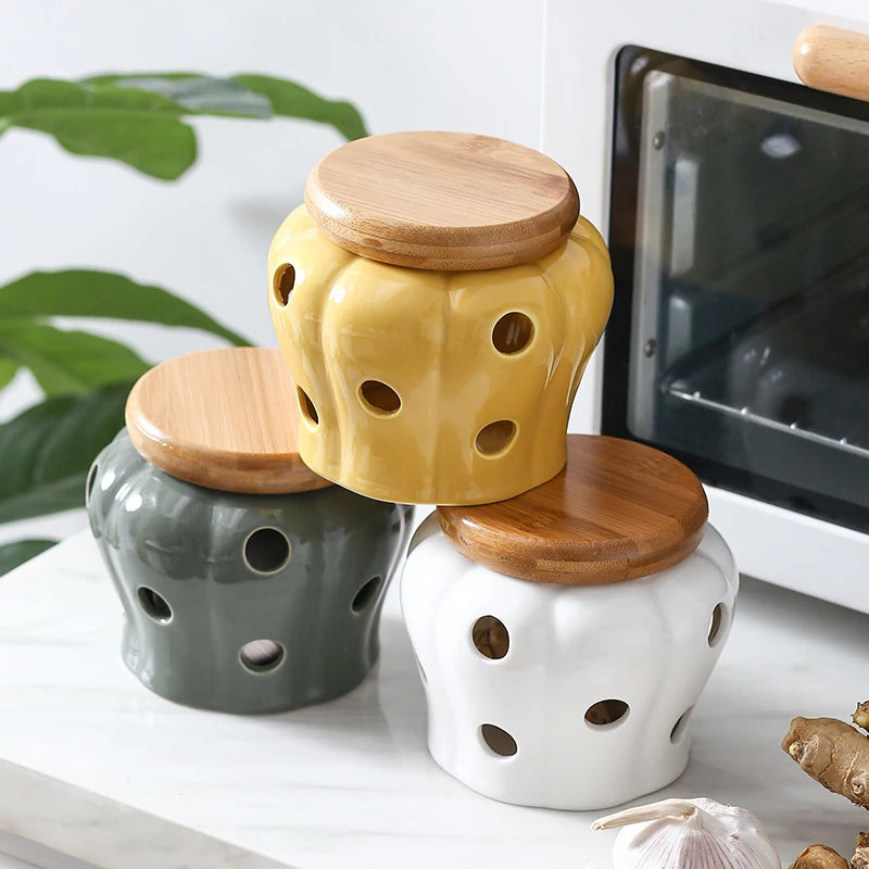 Pote de Cerâmica Abóbora com Tampa de Bambu