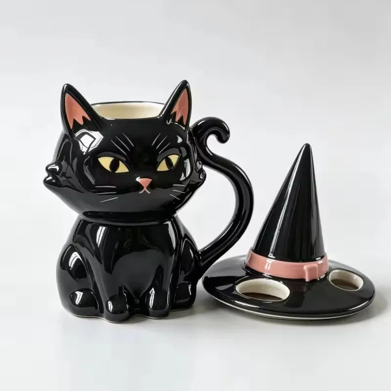 Caneca Gato Preto com Tampa de Chapéu de Bruxa