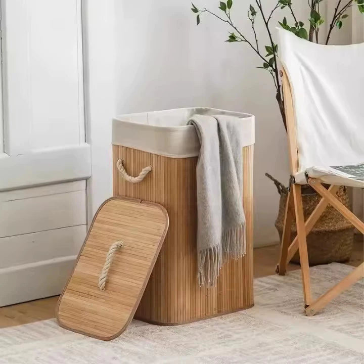 Cesto Organizador de Roupas em Bambu com Tampa